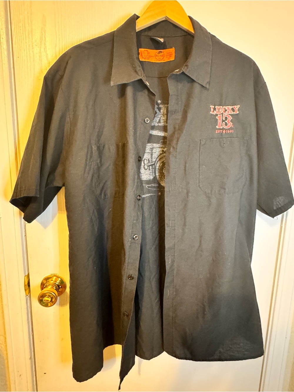 Lucky 13 Mens XXL Red Kap Workwear Black graphic Print Hot Rod short sleeve